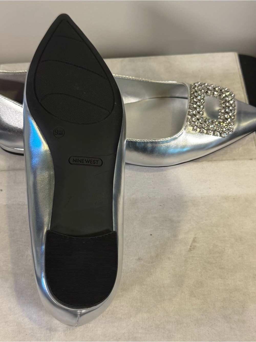 Nine West Silver Pointed Toe Crystal Buckle Flats - Women's, size 9.5, NWOT - Picture 9 of 10